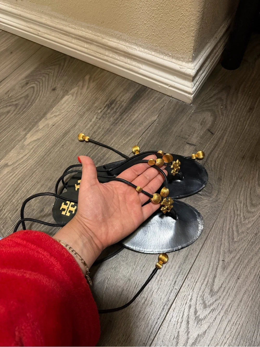 Tory Burch Lace-Up capri Sandals with Gold Bead & Logo Accents